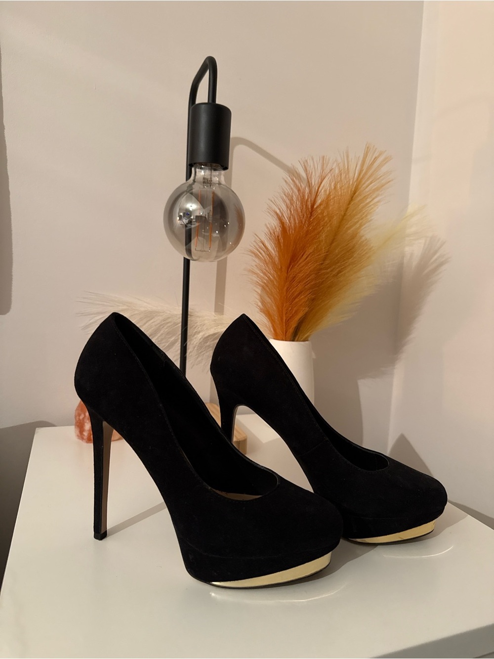 Aldo Black Suede Platform Stiletto Pumps with Gold Accent